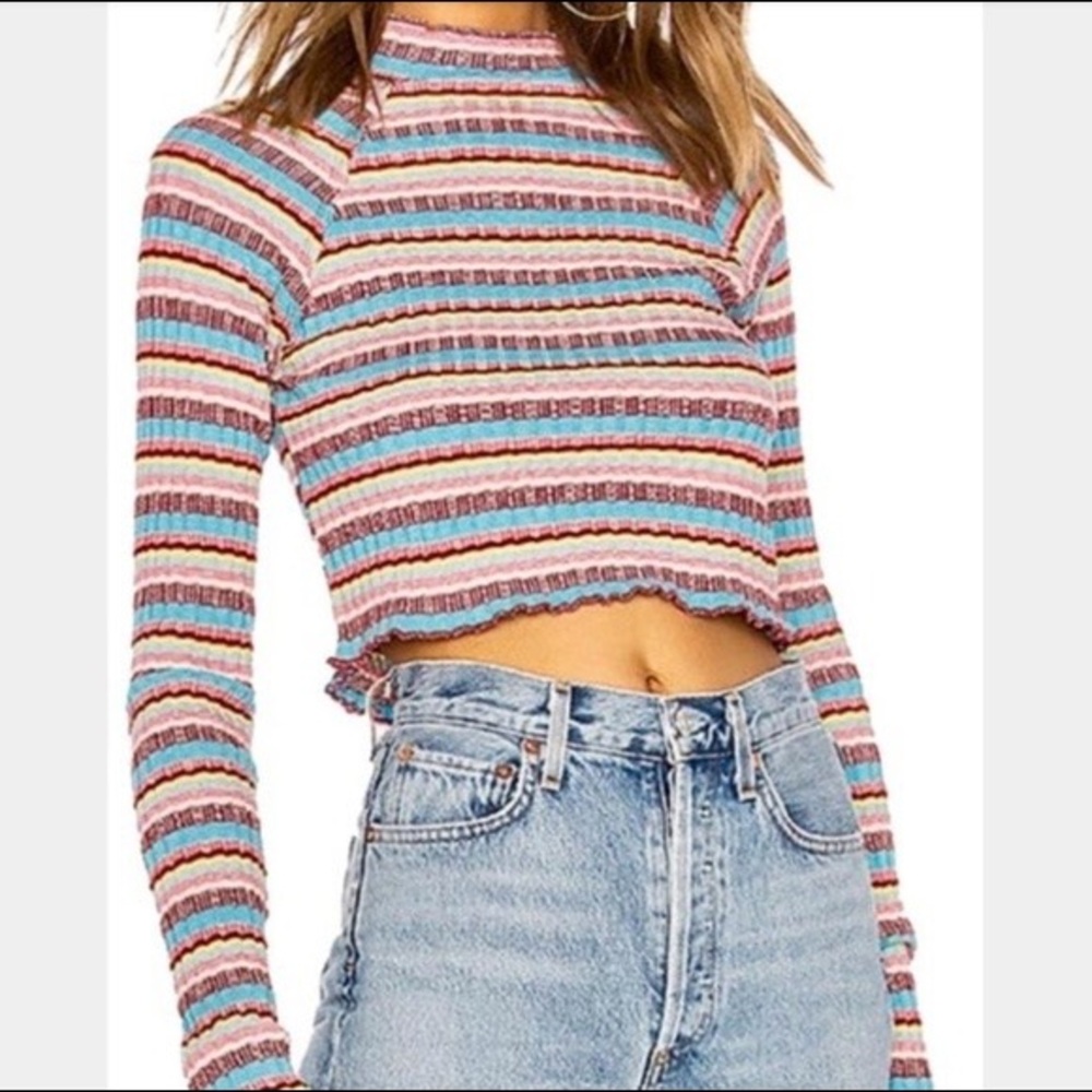 FREE PEOPLE ✨ Striped Multicolor Rainbow Turtleneck Cropped Long Sleeve Top